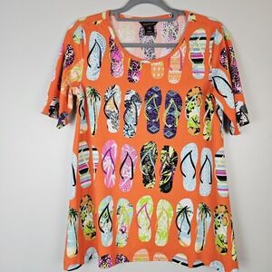 Multiples Top Shirt Womens Small Orange Flip‎ Flop Embellished Cruise Tunic.D79